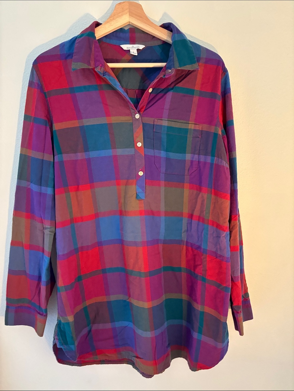 L.L. BEAN Signature Plaid Cotton Popover Tunic Vibrant Multicolor Plaid Large - Picture 1 of 8